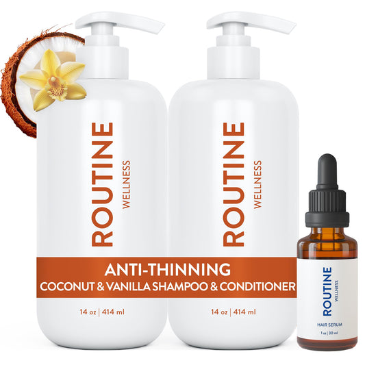 Routine Wellness Shampoo and Conditioner Set and Hair Serum for Thinning Hair - DHT Blocker Women & Men - Color Safe Shampoo for Hair Loss & Healthier Hair - Coconut & Vanilla Set + Serum